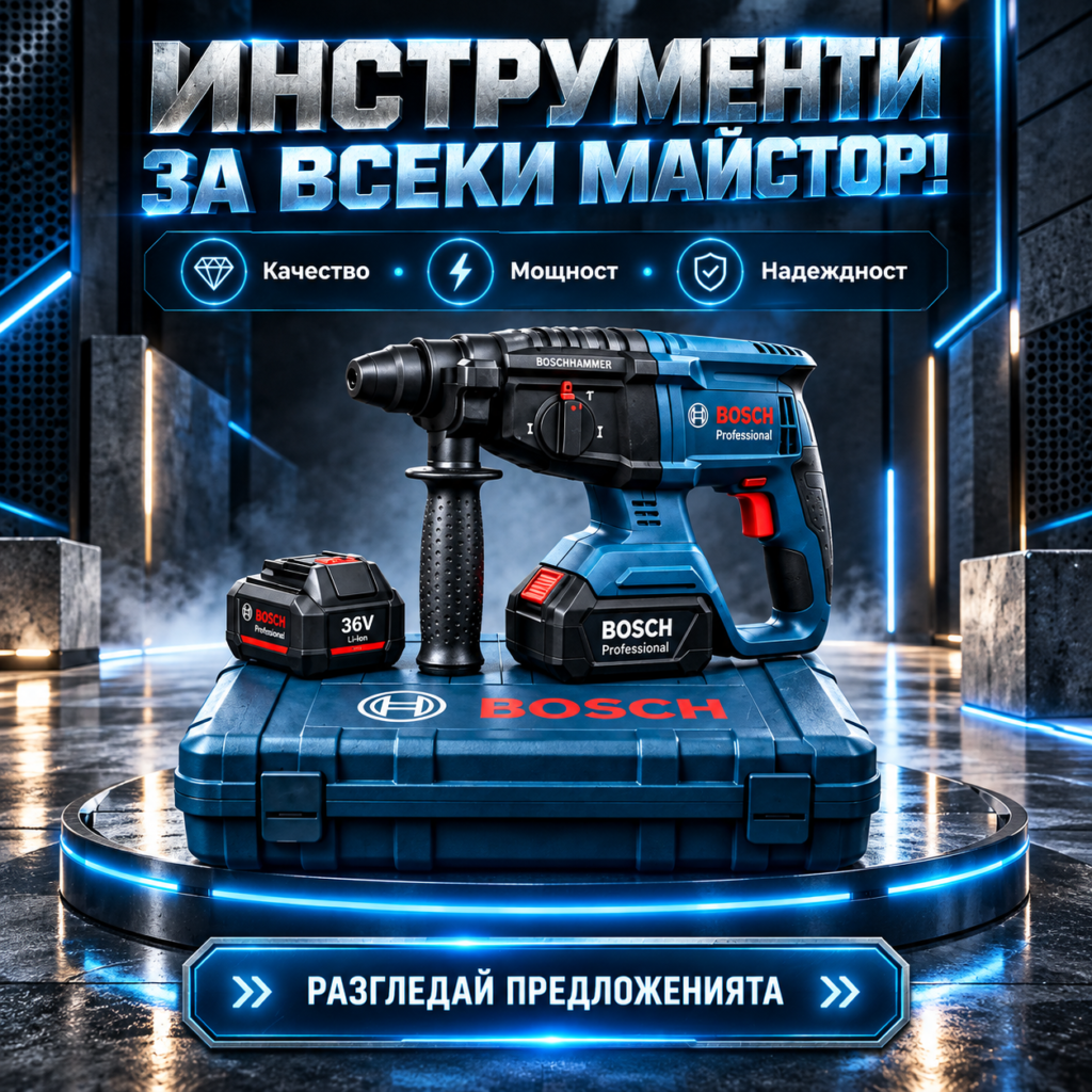Акумулаторен Перфоратор BOSCH Professional | Безчетков | 2x Батерии 36V