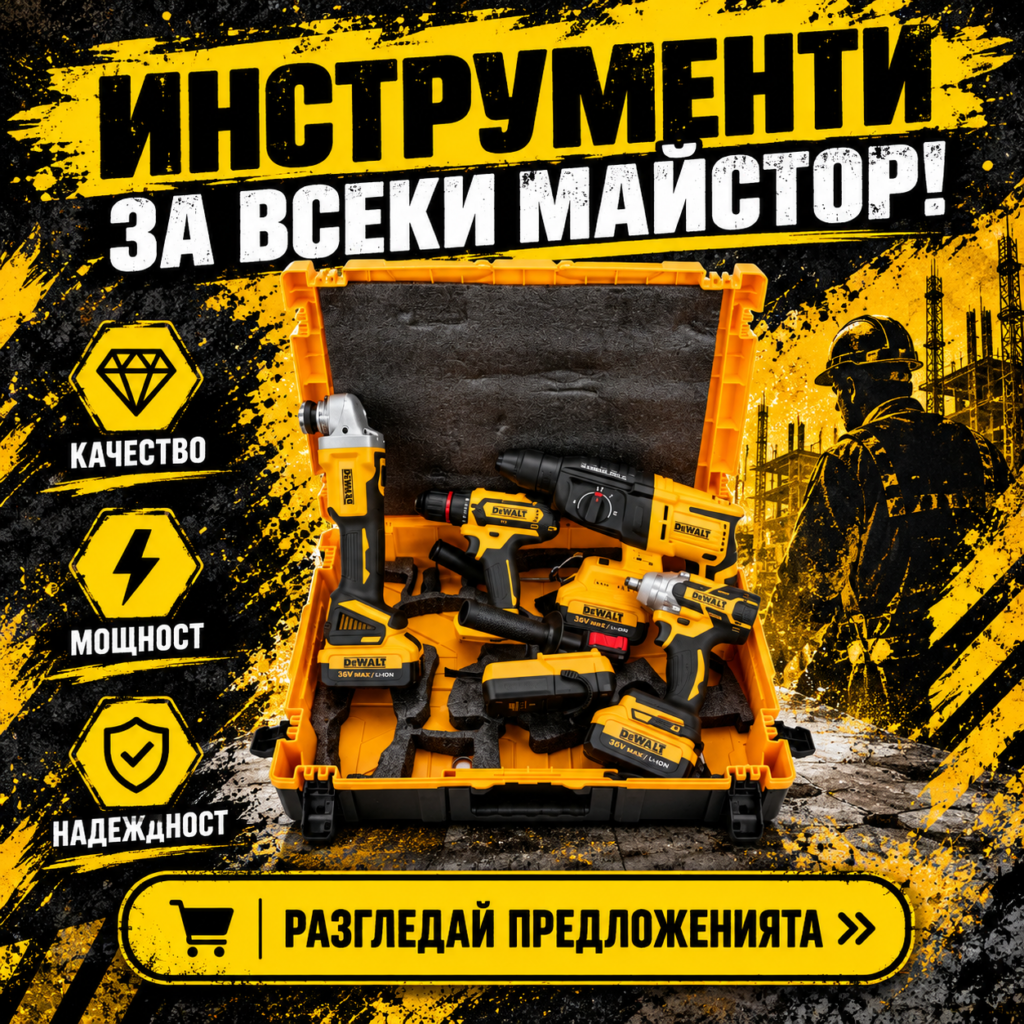Акумулаторен Комплект 4в1 Гайковерт Винтоверт Перфоратор Ъглошлайф DeWALT